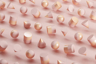 Three dimensional pattern of spheres, cones and cylinders floating against pink background - JPSF00156