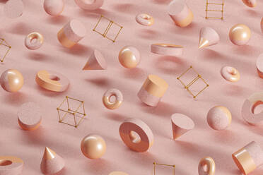 Three dimensional pattern of spheres, cones, rings, cubes and cylinders floating against pink background - JPSF00159