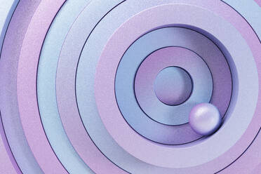 Three dimensional render of small sphere balancing on blue and purple overlapping rings - JPSF00168