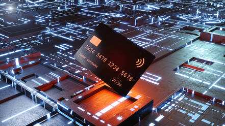 Dreidimensionales Rendering einer Kreditkarte gegen eine leuchtende Leiterplatte - SPCF01355