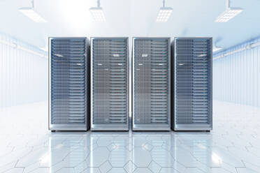 Dreidimensionales Rendering von Server-Racks in einem beleuchteten Serverraum - SPCF01359