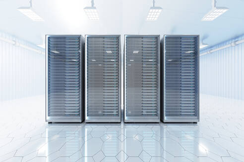 Three dimensional render of server racks standing inside illuminated server room - SPCF01359