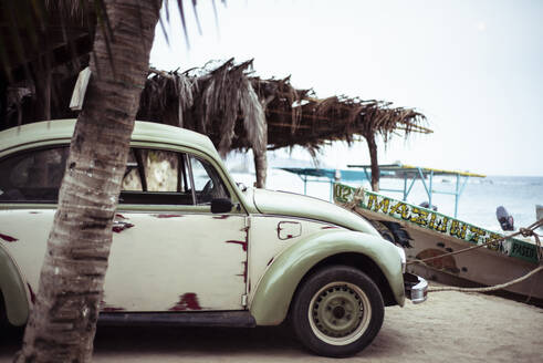 Rustic beetle Volkswagen on Pacific Ocean beach Mazunte Mexico - CAVF94043