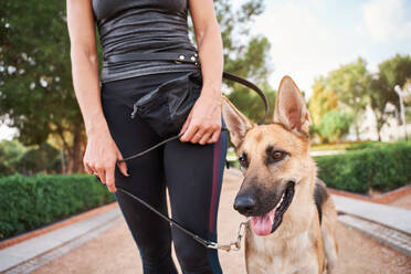 Niedriger Winkel der positiven Besitzerin in Sportkleidung mit deutschem Schäferhund im Park - ADSF24139