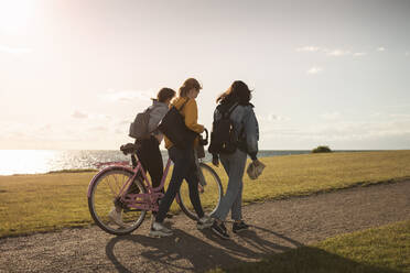 Weibliche Teenager-Freunde mit Fahrrad, die bei Sonnenuntergang am Seeufer spazieren gehen - MASF23489