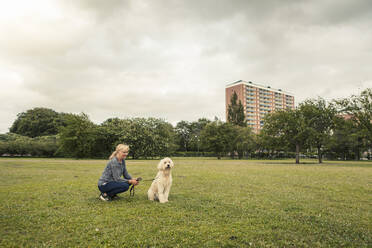 Reife Frau verbringt ihre Freizeit mit Hund im Park - MASF23774