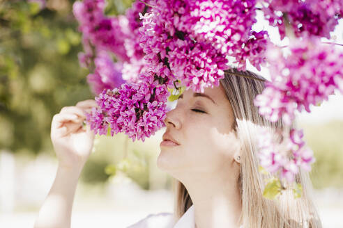 Woman smelling pink flowers during sunny day - EBBF03463