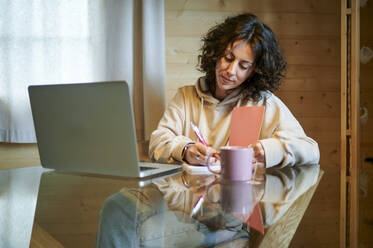 Woman writing in diary by laptop at home - KIJF03811