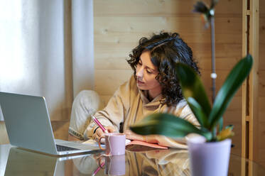 Woman looking at laptop while writing in diary at home - KIJF03818