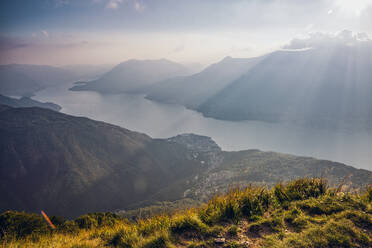 Italy, Lombardy, Panoramic view from summit of Monte Legnoncino on Lake Como - MAMF01785