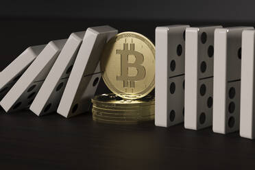 CGI-Konzept des dezentralen Finanzwesens bitcoin stoppt ausgerichtete Dominosteine vom Umfallen - SEBF00312