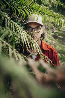 Junger Mann mit Brille schaut hinter Cyathea Dealbata Baum im Wald - WVF01908