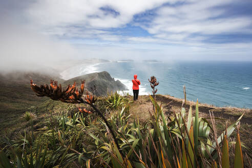 Alleinstehender Mann bewundert den Blick auf den Pazifik vom Rand der Küstenklippe am Cape Reinga - WVF01960