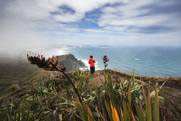 Alleinstehender Mann bewundert den Blick auf den Pazifik vom Rand der Küstenklippe am Cape Reinga - WVF01961