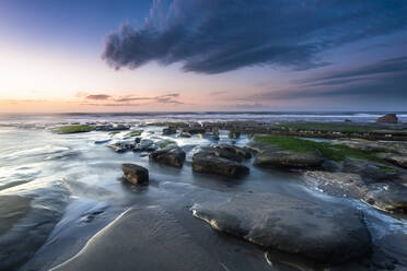 New Zealand, South Island, Rocky coast at sunset - WVF01999