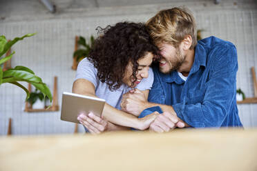 Couple laughing at home apartment - FMKF07166