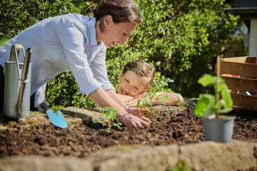 Mutter mit Sohn pflanzt im Garten im Hinterhof - DIKF00578