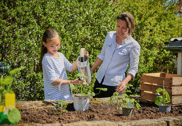 Mädchen gießt Wasser in Erdbeerpflanze von Mutter im Garten - DIKF00585