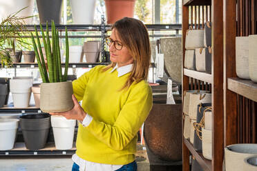 Female customer standing with Sansevieria cylindrica in pot during shopping in garden center - ADSF24429