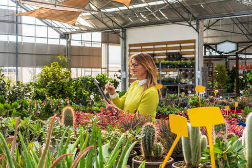 Gärtnerin, die ein modernes Tablet benutzt, während sie Pflanzen zählt und in einem Gartencenter arbeitet - ADSF24432