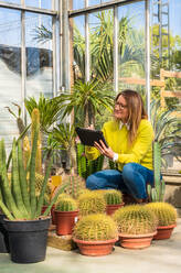 Gärtnerin, die ein modernes Tablet benutzt, während sie Pflanzen zählt und in einem Gartencenter arbeitet - ADSF24441