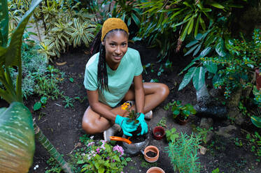 From above of smiling black female gardener sitting on ground in hothouse and transplanting Kalanchoe flower while looking at camera - ADSF24482