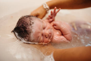 High angle of cute newborn child held by anonymous mother getting bath in sink - ADSF24485