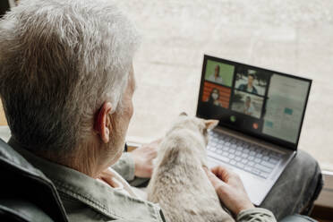 Senior man with cat on video call through laptop at home - AFVF08748