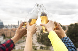 Freunde stoßen mit Bierflaschen während einer Feier unter dem Himmel an - JCCMF02468