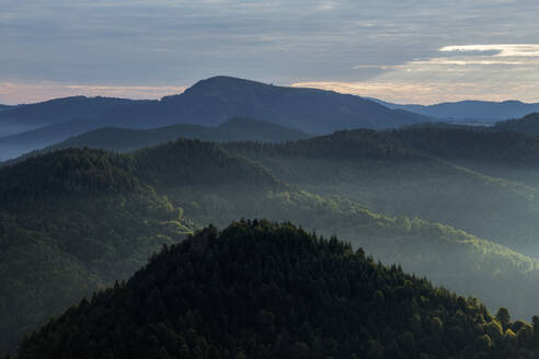 Blick vom Hochblauen auf die umliegenden Berge bei nebliger Morgendämmerung - RUEF03328