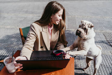 Pet leaning on table by woman at sidewalk cafe - EBBF03489