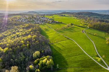 Sunlight on swabian forest by winding roads, Baden-Wuerttemberg, Germany - STSF02958