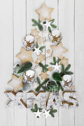Arrangement aus selbstgebackenen Plätzchen und verschiedenen Weihnachtsdekorationen an einer Holzwand - GWF07010