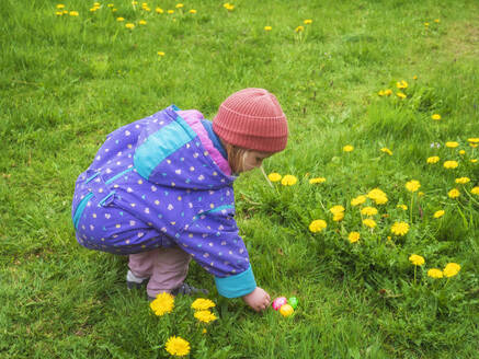 Girl wearing knit hat collecting Easter eggs at park - LAF02709