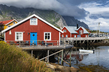 Rote Häuser am Hafen von Henningsvaer auf den Lofoten, Norwegen - RUNF04417