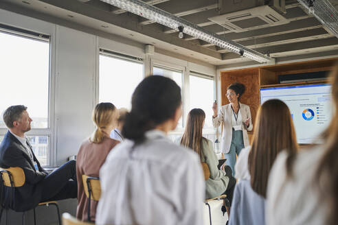 Businesswoman explaining business plan to colleagues in educational event - AKLF00256