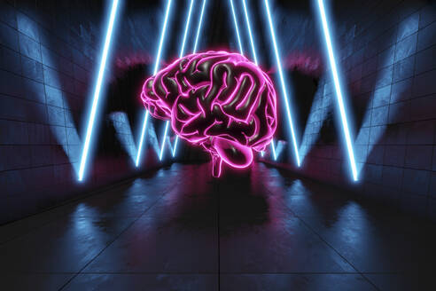 Three dimensional render of human brain glowing in dark futuristic corridor illuminated by blue neon lights - SPCF01367