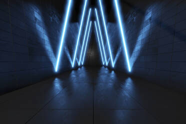 Three dimensional render of dark futuristic corridor illuminated by blue neon lights - SPCF01369