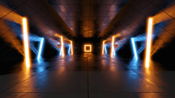 Dreidimensionales Rendering eines dunklen futuristischen Korridors, der von blauen und orangefarbenen Neonröhren beleuchtet wird - SPCF01370
