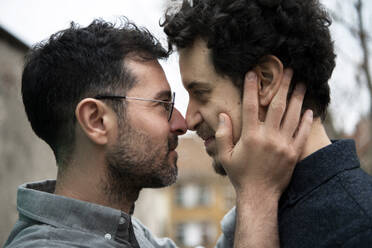 Homosexuelles Paar steht von Angesicht zu Angesicht beim Liebesspiel im Freien - MJRF00456