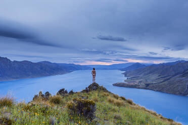 New Zealand, Otago, Rear view of naked man looking at Lake Hawea - WVF02027