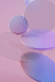 Three dimensional render of purple rings floating against pink background - JPSF00219