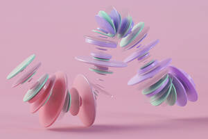 Dreidimensionales Rendering von pastellfarbenen Ringen, die vor einem rosa Hintergrund schweben - JPSF00222