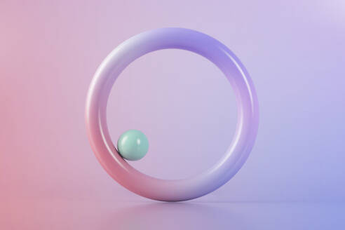 Three dimensional render of green ball balancing on edge of purple ring - JPSF00228