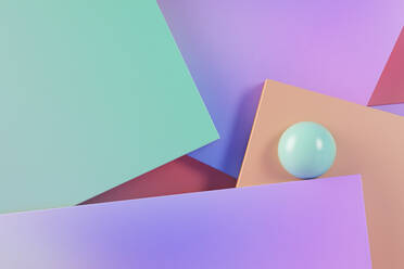 Three dimensional render of green sphere balancing against pastel colored rectangles - JPSF00230