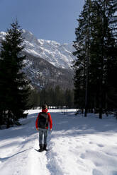 Mittlerer erwachsener Mann mit Rucksack beim Wandern im Schnee - MAUF03747