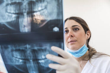 Zahnärztin bei der Untersuchung von Röntgenbildern in einer medizinischen Klinik - WPEF04473