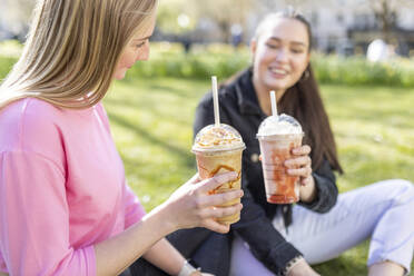 Lächelnde Frauen, die einen frischen Milchshake im Park genießen - WPEF04511