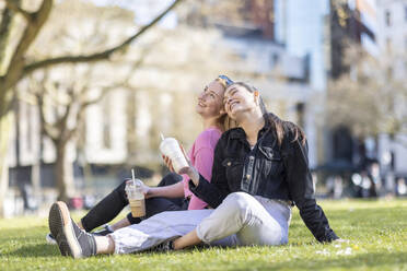 Fröhliche Freundinnen sitzen im Park - WPEF04522