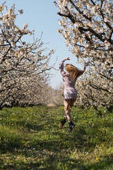 Carefree woman dancing in orchard during springtime - MAUF03766